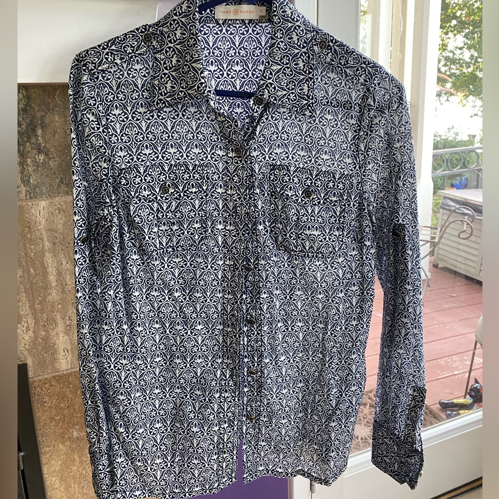 Tory Burch Navy Blue and White Patterned Top Blouse Size 4